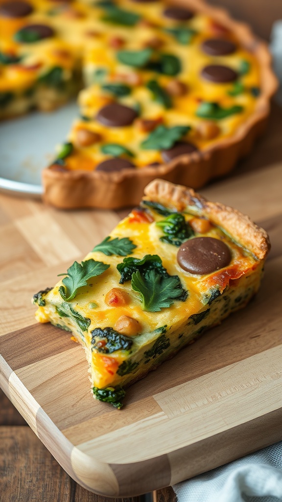 A slice of vegetable frittata on a wooden cutting board with seasonal greens and a colorful filling.