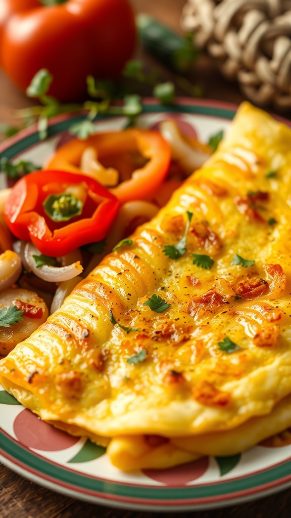 A colorful veggie omelette garnished with herbs on a plate