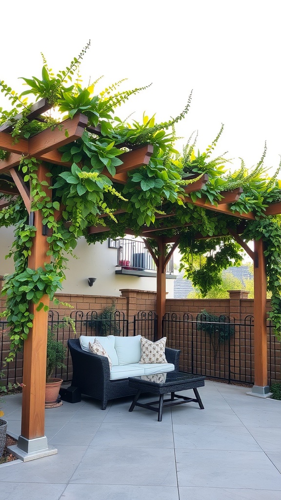 A wooden pergola covered with greenery, featuring a seating area with cushions and a coffee table.