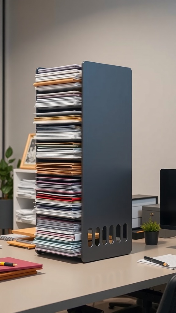 A vertical file organizer filled with various colored folders on a modern office desk