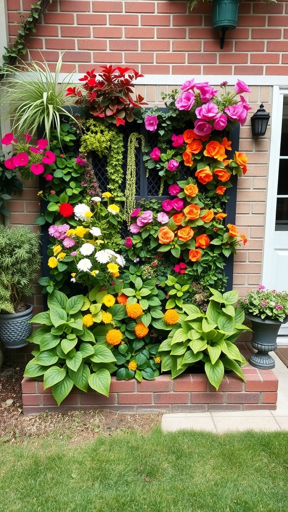 A vibrant vertical garden wall filled with colorful flowers and greenery.