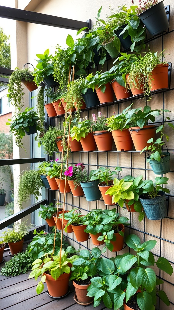 A vibrant vertical garden wall filled with potted plants arranged on a structure.