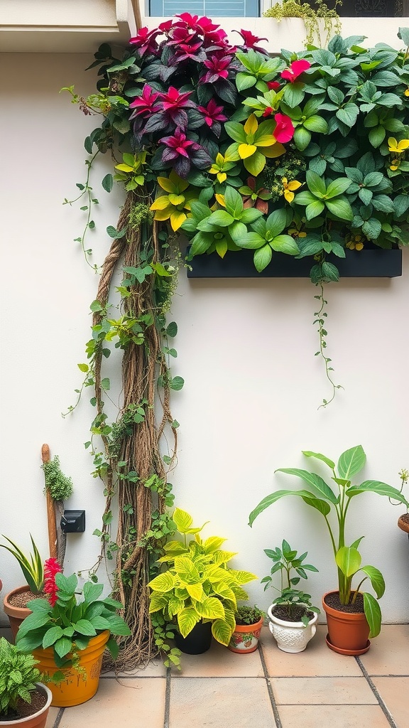 A vibrant vertical garden featuring various colorful plants and flowers, enhancing a small outdoor space.