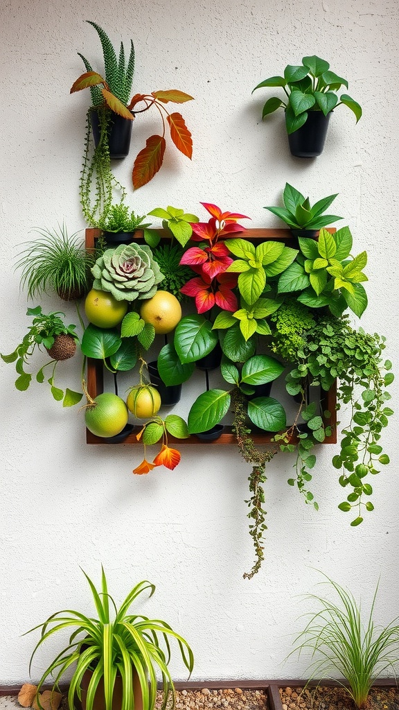 A vibrant vertical garden featuring a variety of plants and fruits in a wooden frame against a white wall.