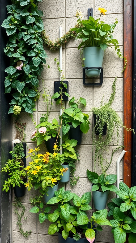 A vertical garden with various plants in pots, arranged on a wall.