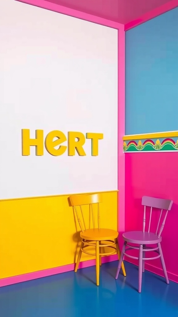 A room with vibrant two-toned walls featuring pink, yellow, and blue colors, along with colorful chairs.