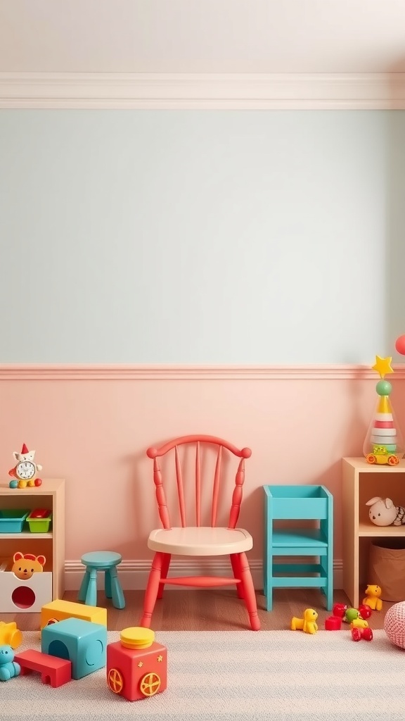 A room with coral and cream two-toned walls featuring a red chair and colorful toys.