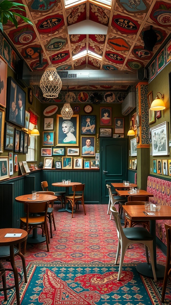 Eclectic restaurant interior with colorful patterns and various artworks.