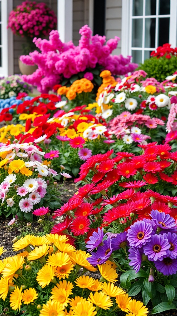 A colorful display of various flowers in a front yard, showcasing shades of red, yellow, pink, and purple.