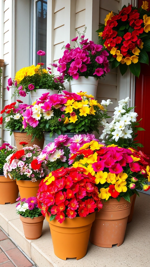 Colorful flower pots on a porch with various blooming flowers.