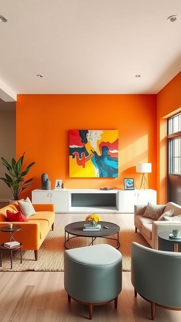 A vibrant living room featuring an orange wall, colorful furniture, and modern decor.