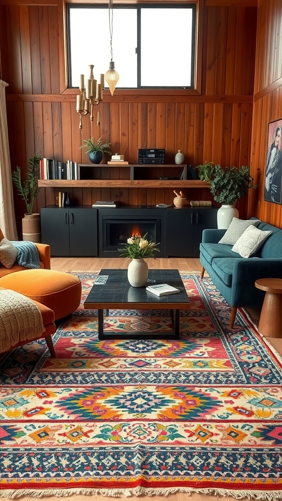 A cozy living room featuring a colorful boho rug with vibrant patterns, surrounded by stylish furniture and warm wooden walls.