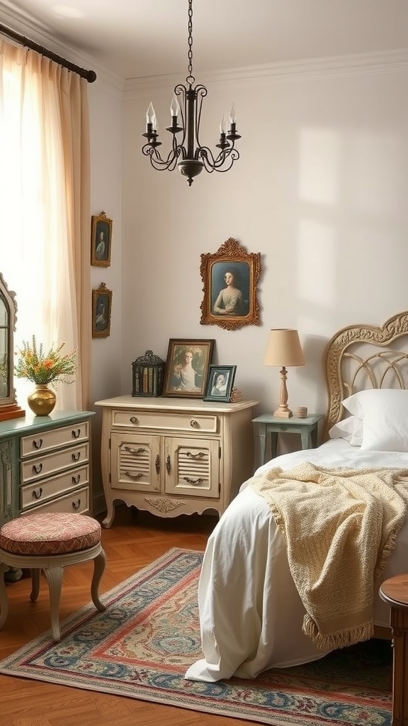 A vintage-inspired bedroom with soft colors, elegant chandelier, framed portraits on the wall, and cozy furnishings.