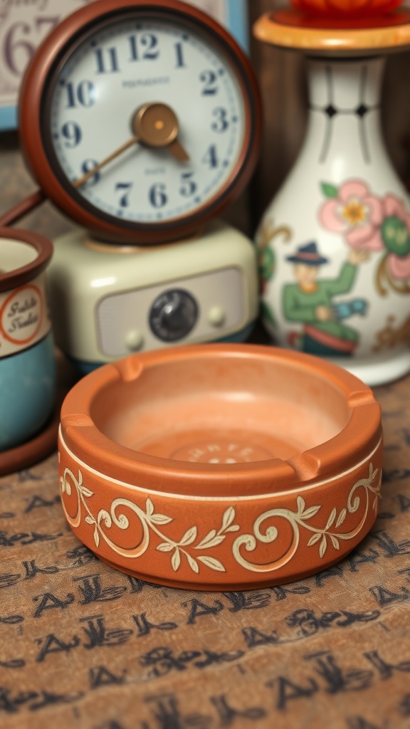 A vintage-inspired round clay ashtray with floral designs, sitting among retro decor.