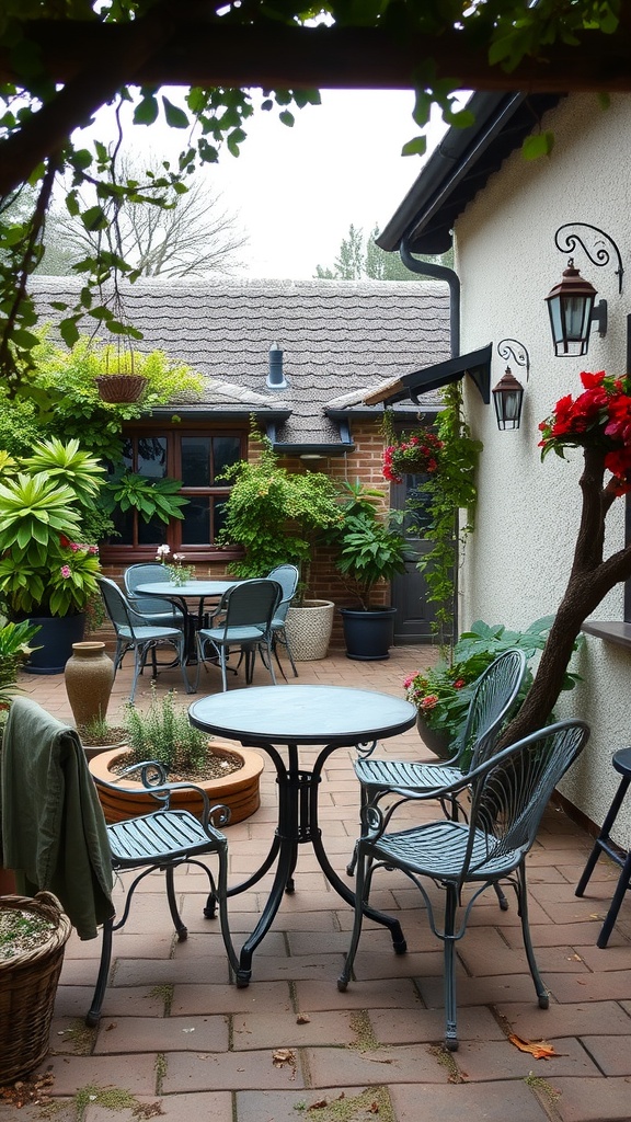 17 Cozy Cottage Exterior Ideas For Inviting Curb Appeal 27 A cozy garden area with vintage-style garden furniture including wrought iron chairs and a round table, surrounded by lush plants and flowers.