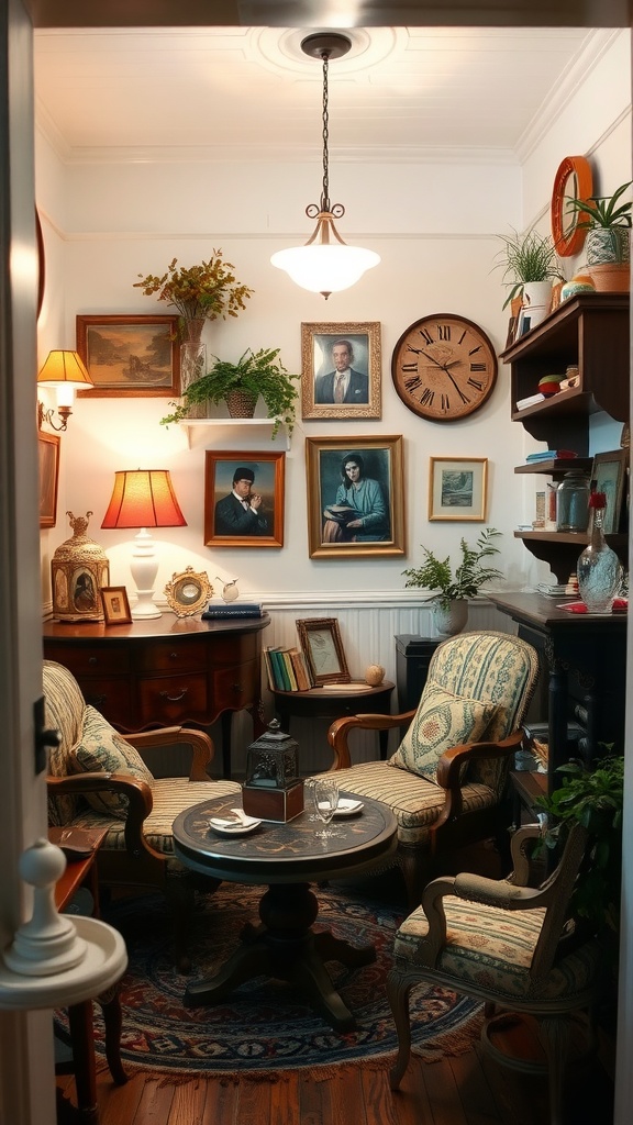 A cozy room with vintage furniture, framed portraits, and a warm light fixture.