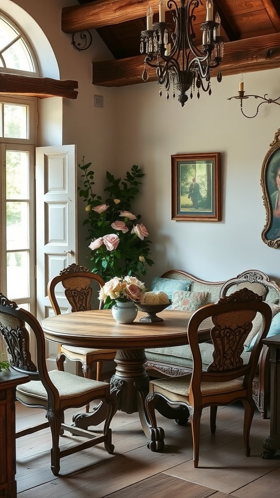 A cozy French cottage bedroom with vintage furniture, including a round wooden table, elegant chairs, and a decorative chandelier.