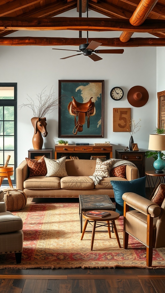 A modern Western living room featuring vintage accents, including rustic furniture and artwork.