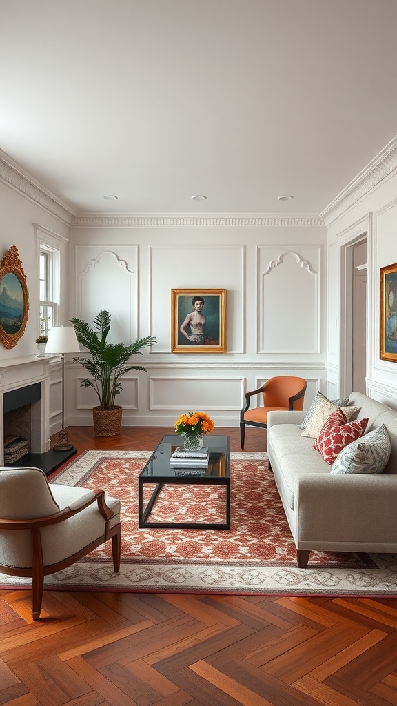 Stylish living room featuring wainscoting with decorative trim accents.