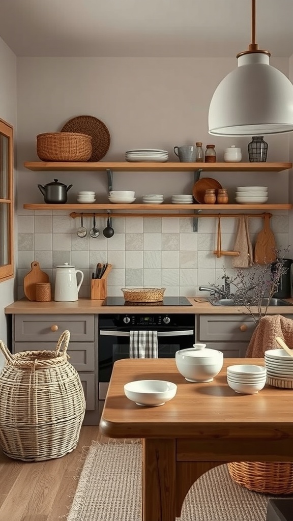 A cozy Japandi style kitchen featuring warm neutral colors, wooden furniture, and open shelving with textured accents.