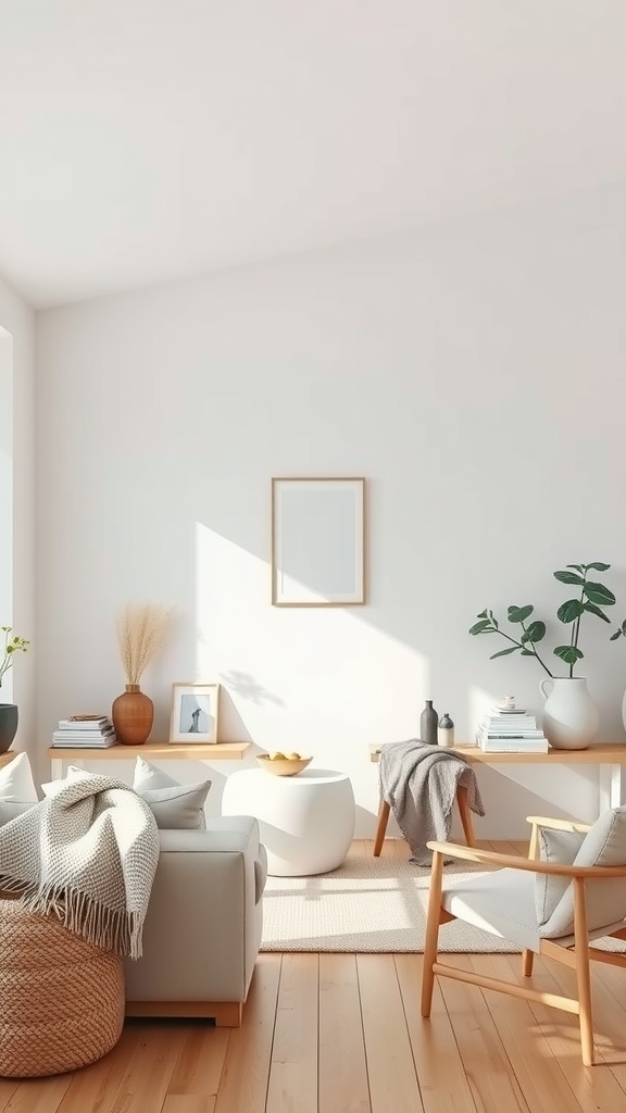 A warm Scandinavian minimalistic living room featuring a gray sofa, wooden furniture, plants, and natural light.