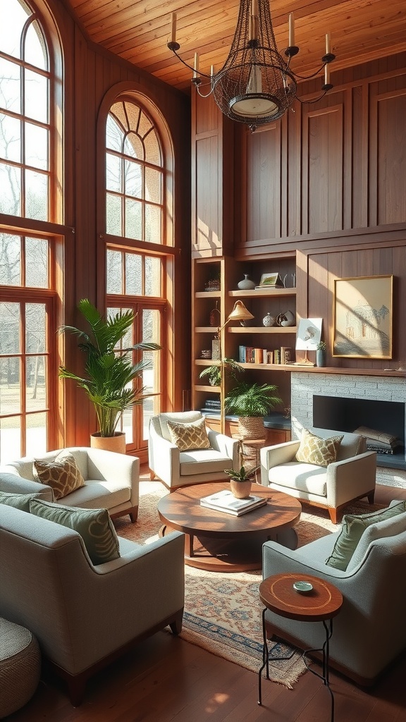 Cozy living room with warm wood accents and natural light from large windows.