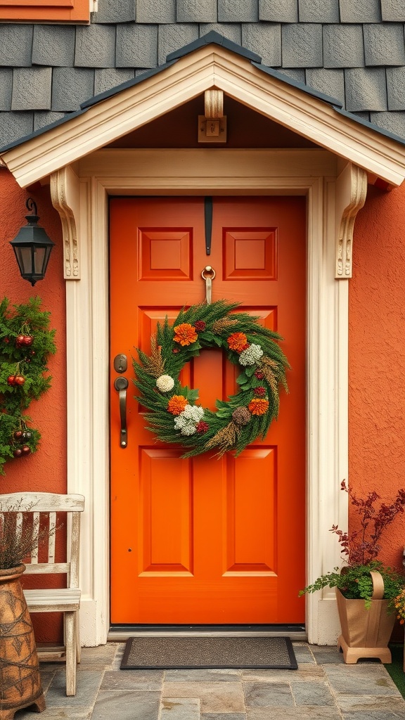 17 Cozy Cottage Exterior Ideas For Inviting Curb Appeal 18 A warmly painted orange front door with a decorative wreath, set in a cozy cottage exterior.