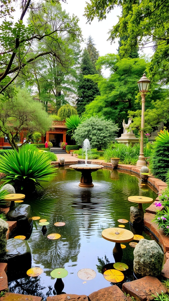 A serene garden with a fountain and a pond surrounded by lush greenery and flowers.