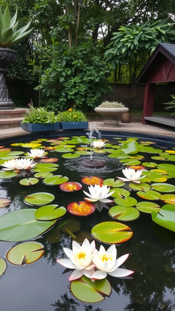A serene pond with white water lilies and a small fountain surrounded by greenery.