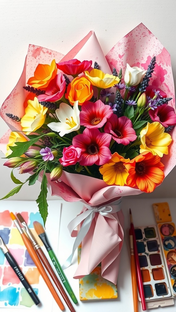 A colorful bouquet wrapped in watercolor painted paper, surrounded by painting supplies.