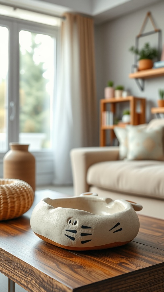 A whimsical animal-shaped ashtray on a table in a cozy living room