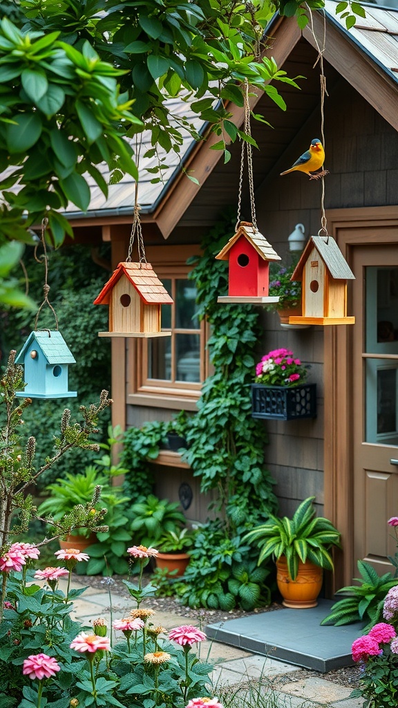17 Cozy Cottage Exterior Ideas For Inviting Curb Appeal 30 Colorful birdhouses hanging beside a cottage, with a bird perched on one and flowers in the foreground.