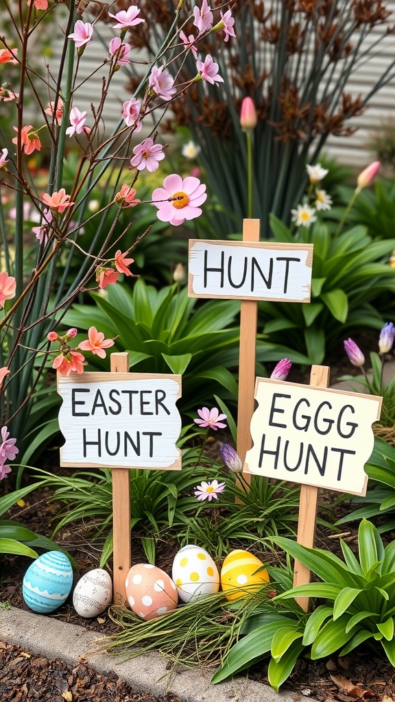 Colorful wooden signs for an Easter egg hunt with decorated eggs in a garden