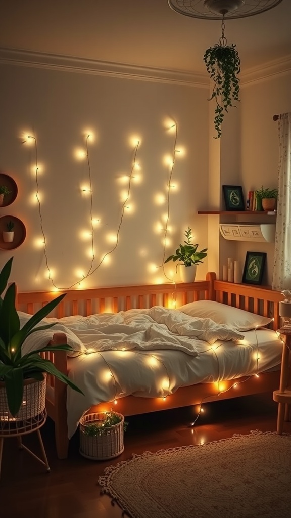 A cozy bedroom with fairy lights draped around the bed and walls, creating a warm atmosphere.