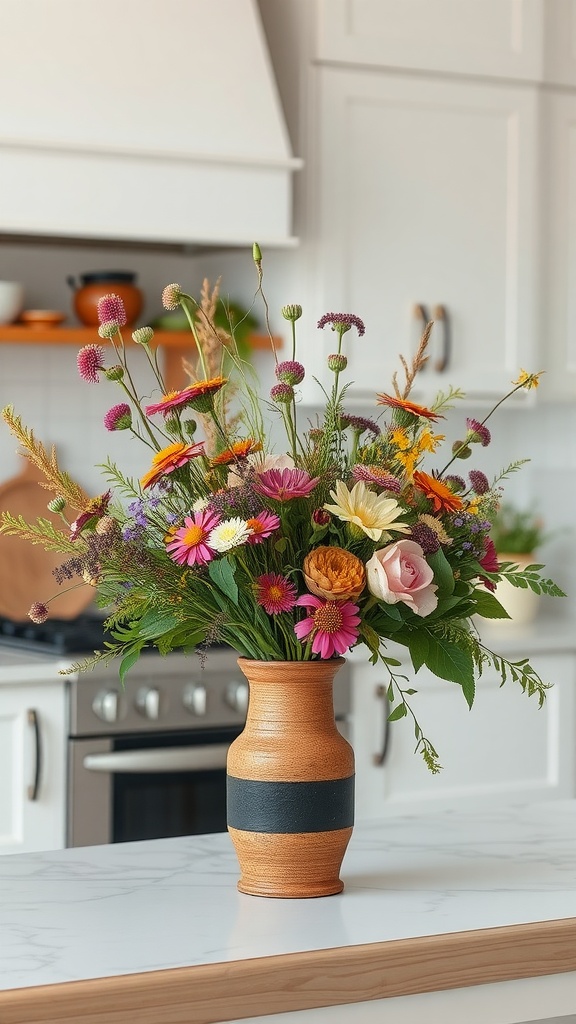 A colorful bouquet of wildflowers in a rustic vase on a kitchen countertop.