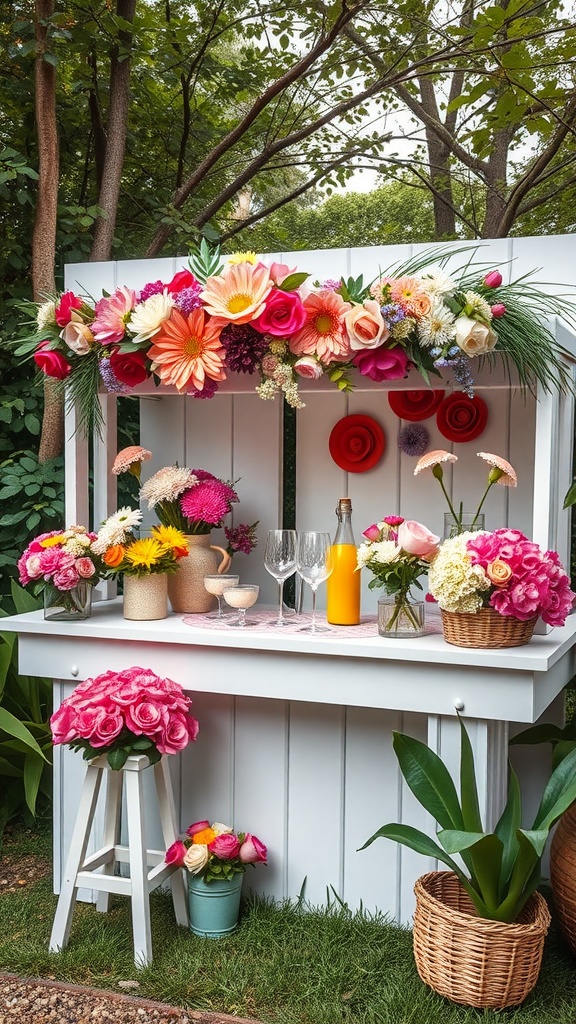 A flower bar display with colorful flowers in vases and baskets, creating a vibrant garden party atmosphere.