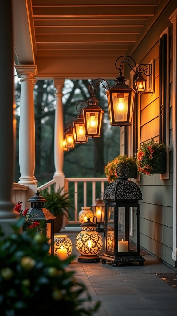 A cozy porch decorated with various lanterns, creating a warm evening glow.