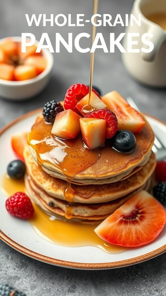 A stack of whole grain pancakes topped with fresh fruits and maple syrup.