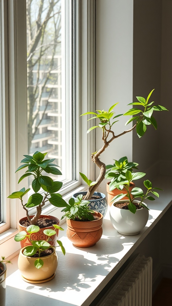 A sunny window ledge with several jade plants in decorative pots