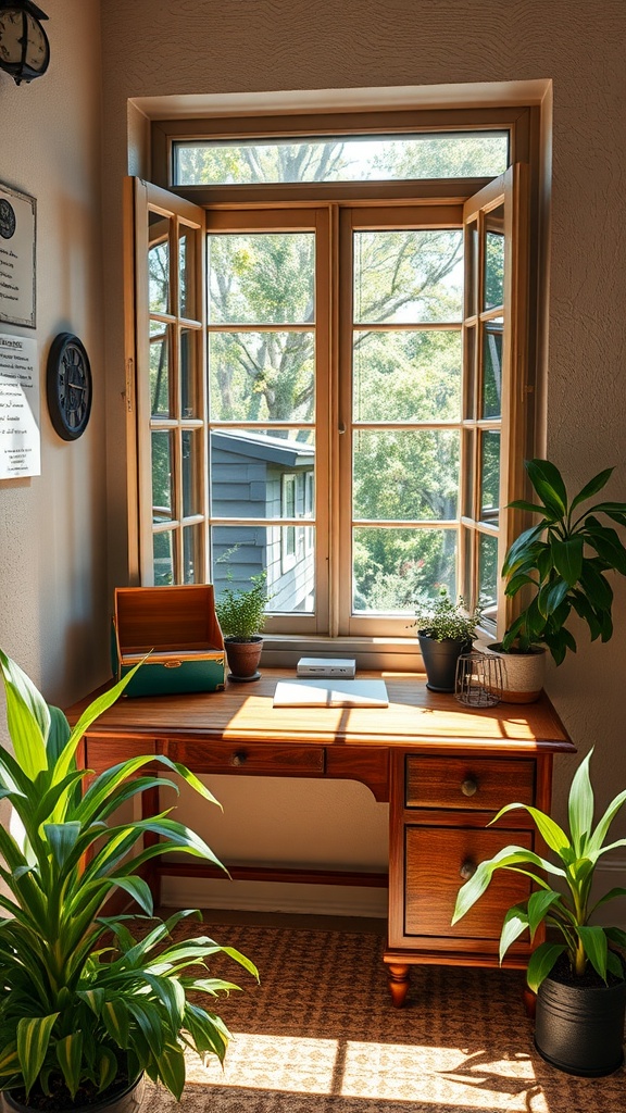 A small wooden desk by a window surrounded by plants.