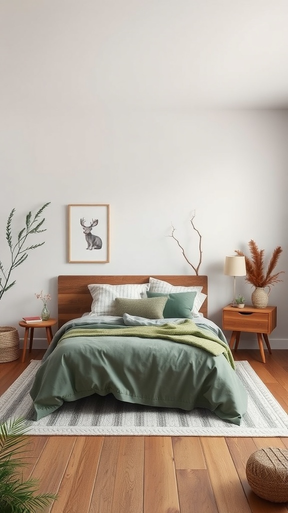 A cozy bedroom with woodland-inspired colors, featuring green bedding, wooden furniture, and nature-themed decor.