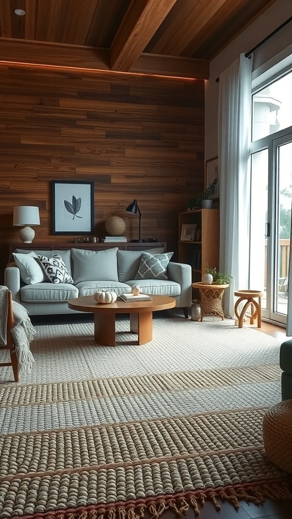 A modern boho living room featuring a woven rug, wooden accents, and soft furniture.