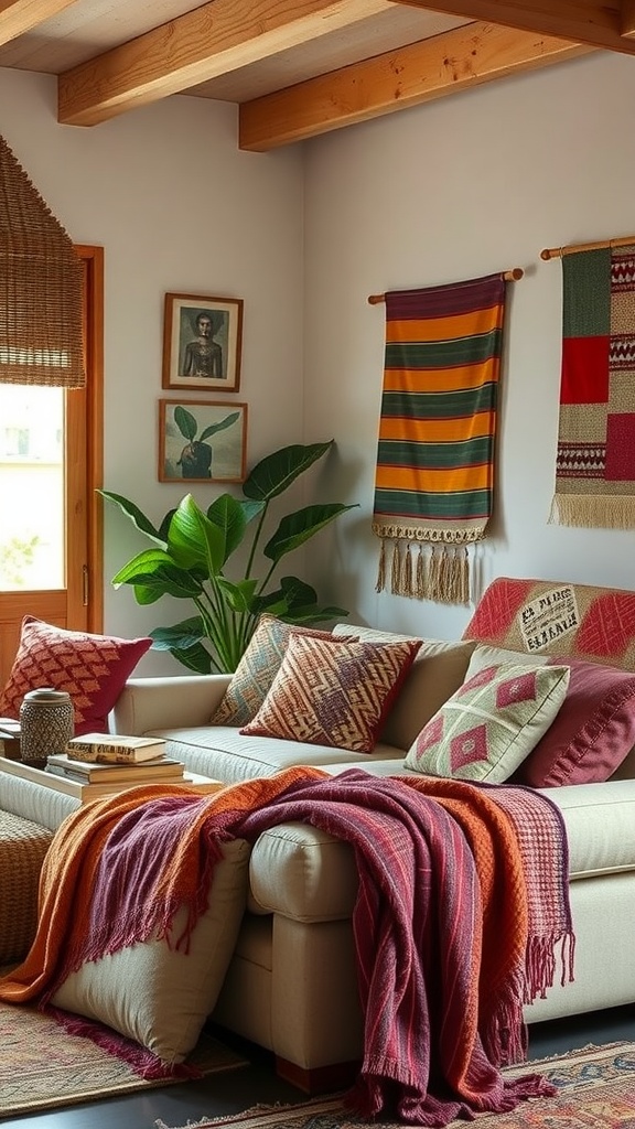 A cozy living room featuring woven textiles and blankets in warm colors.