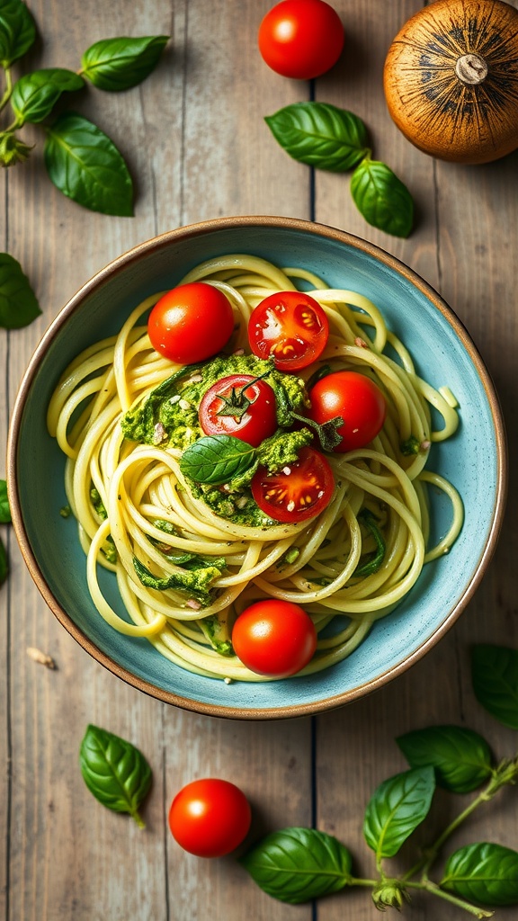 A bowl of zucchini noodles topped with avocado pesto and cherry tomatoes, garnished with fresh basil.