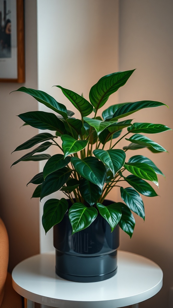 A ZZ plant with glossy green leaves in a black pot on a white table.