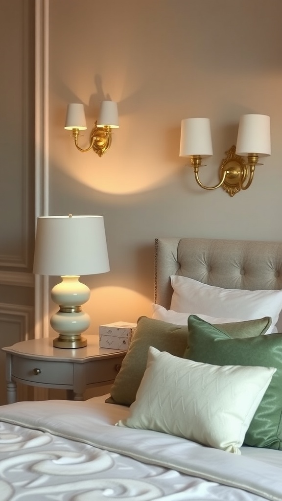 Sage green table lamp beside a bed with cream sconces on the wall.