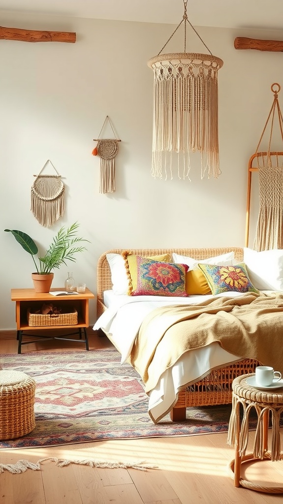 A boho chic bedroom featuring sage green and cream colors with eclectic accessories and earthy textures.