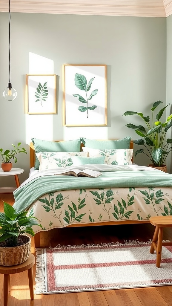 A serene bedroom featuring botanical prints in artwork and bedding, complemented by a sage green wall.