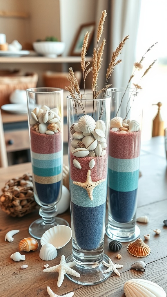 Three clear vases filled with layered colored sand and seashells, featuring dried grasses on top, arranged on a wooden table.