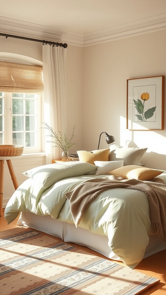 A cozy bedroom featuring cream walls and sage green bedding, with decorative pillows and a warm rug.